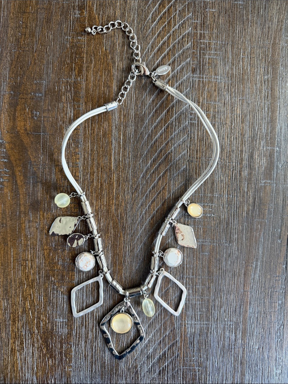 Chico's Silver and Cream Multi-Dangle Statement Necklace 16"-21.5" Corded Y2K
